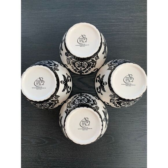 Set of 4 – 222 Fifth Black & White Damask Cereal / Soup Bowls - Picture 5 of 9